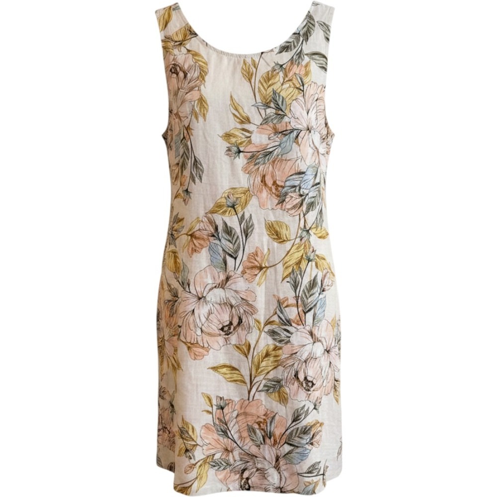 Nicole Miller 100% Linen Floral Sleeveless Dress L Beige Cottagecore Pockets